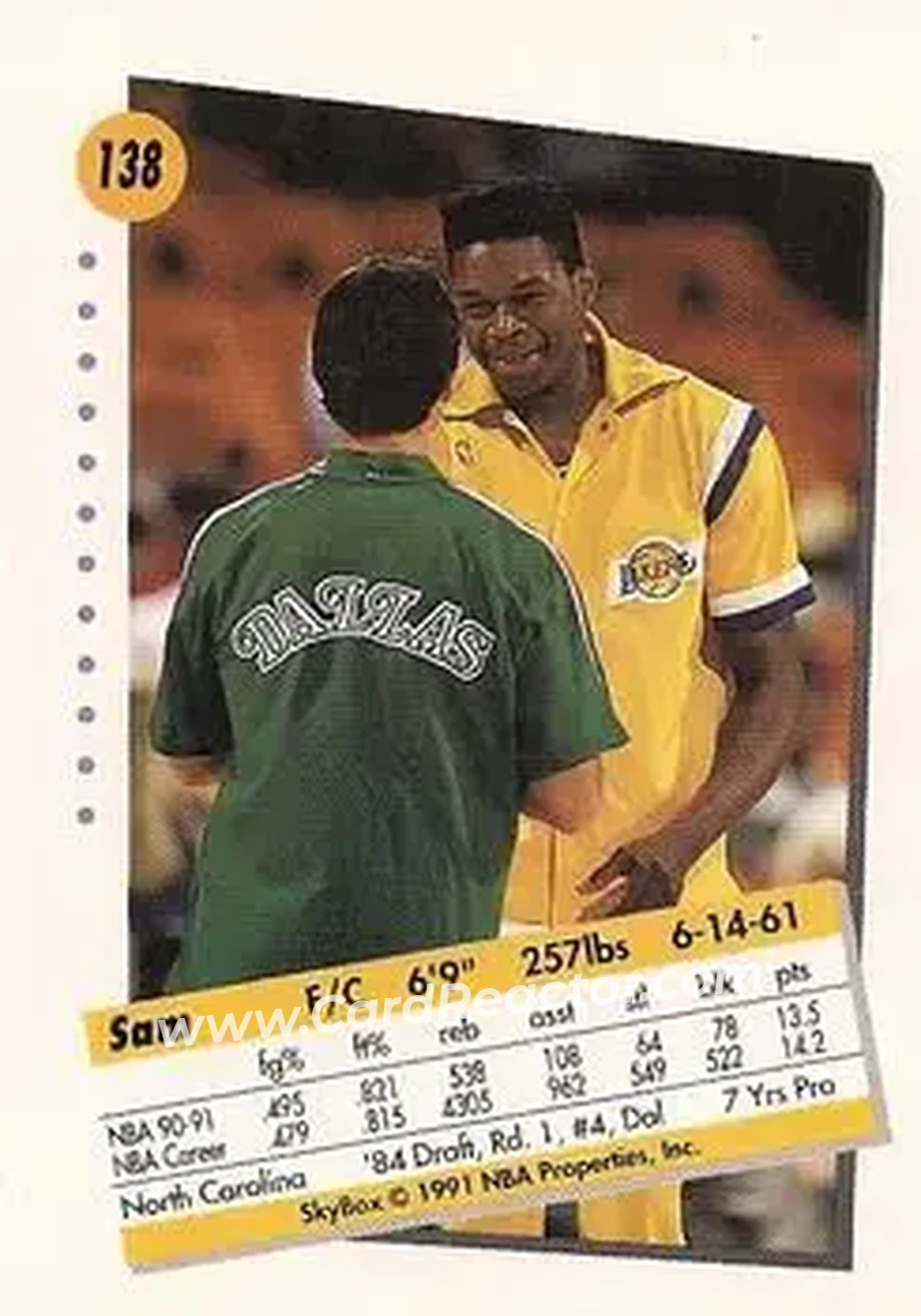 1991-92 SkyBox #138 - Sam Perkins - Los Angeles Lakers - Back