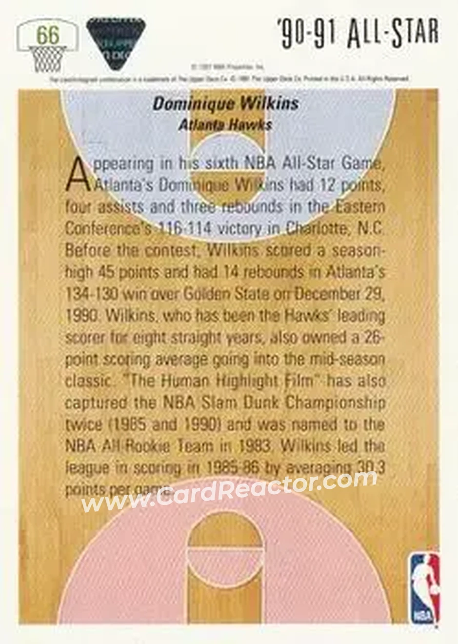 1991-92 Upper Deck #66 - Dominique Wilkins - Atlanta Hawks - Back