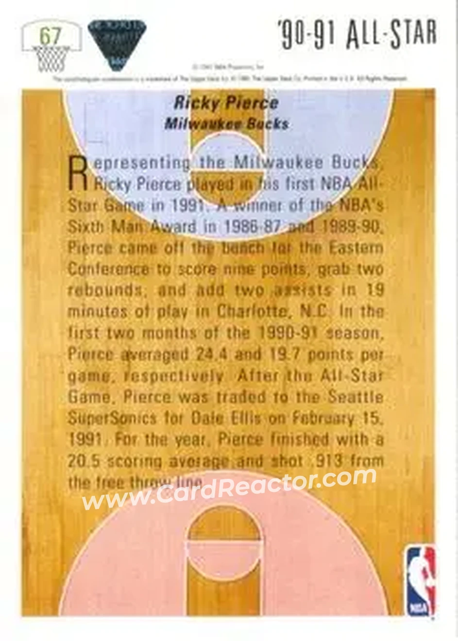 1991-92 Upper Deck #67 - Ricky Pierce - Milwaukee Bucks - Back