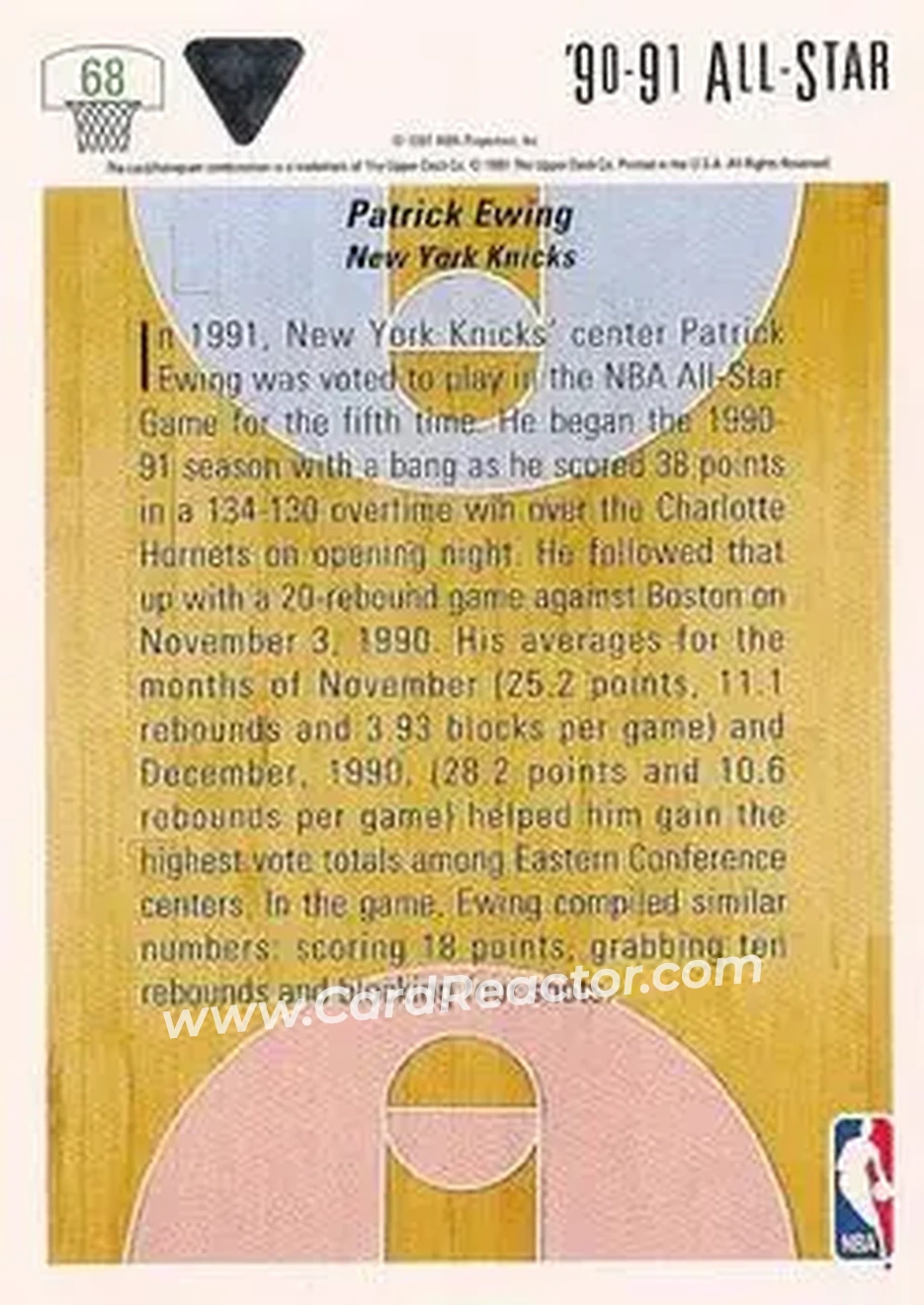 1991-92 Upper Deck #68 - Patrick Ewing - New York Knicks - Back