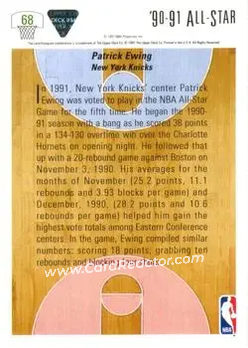 1991-92 Upper Deck #68 - Patrick Ewing - New York Knicks - Back