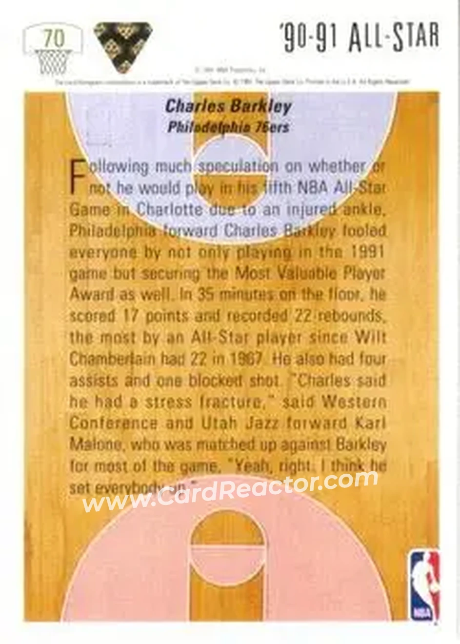 1991-92 Upper Deck #70 - Charles Barkley - Philadelphia 76ers - Back