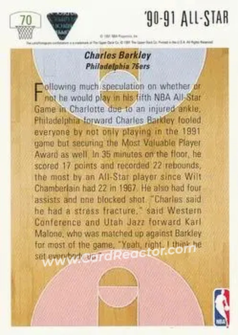 1991-92 Upper Deck #70 - Charles Barkley - Philadelphia 76ers - Back