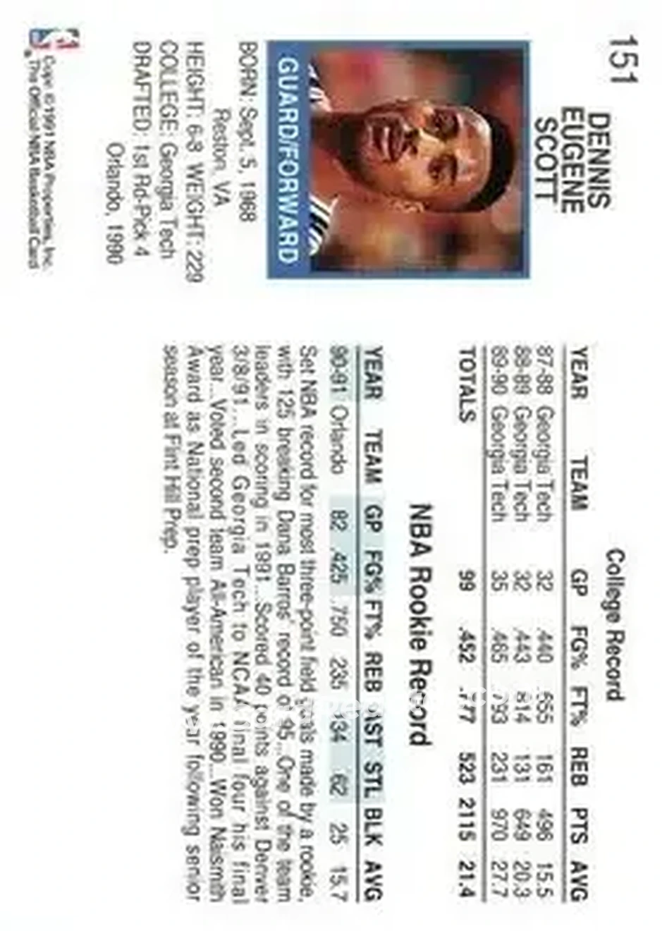 1991-92 Hoops #151 - Dennis Scott - Orlando Magic - Back