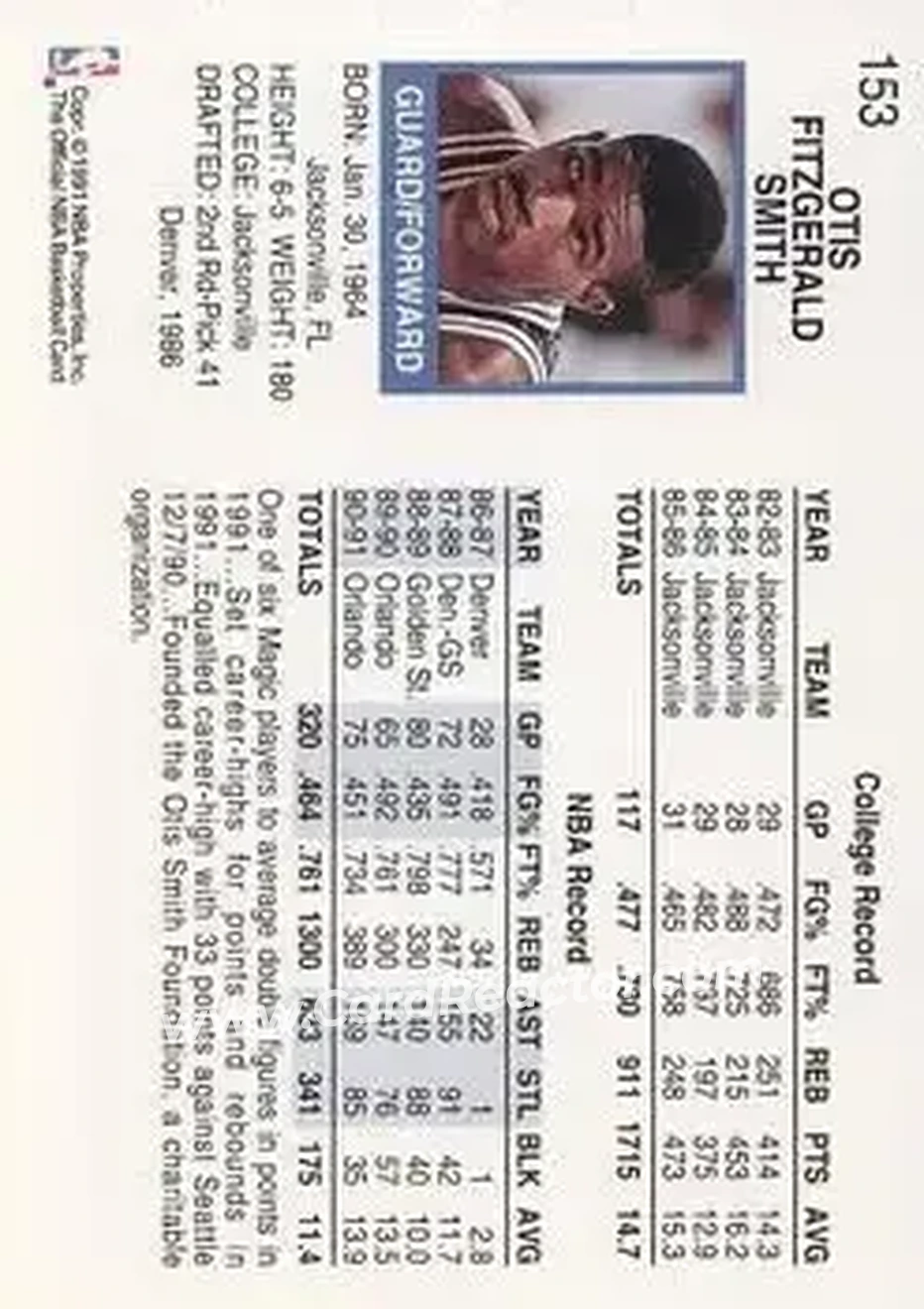 1991-92 Hoops #153 - Otis Smith - Orlando Magic - Back