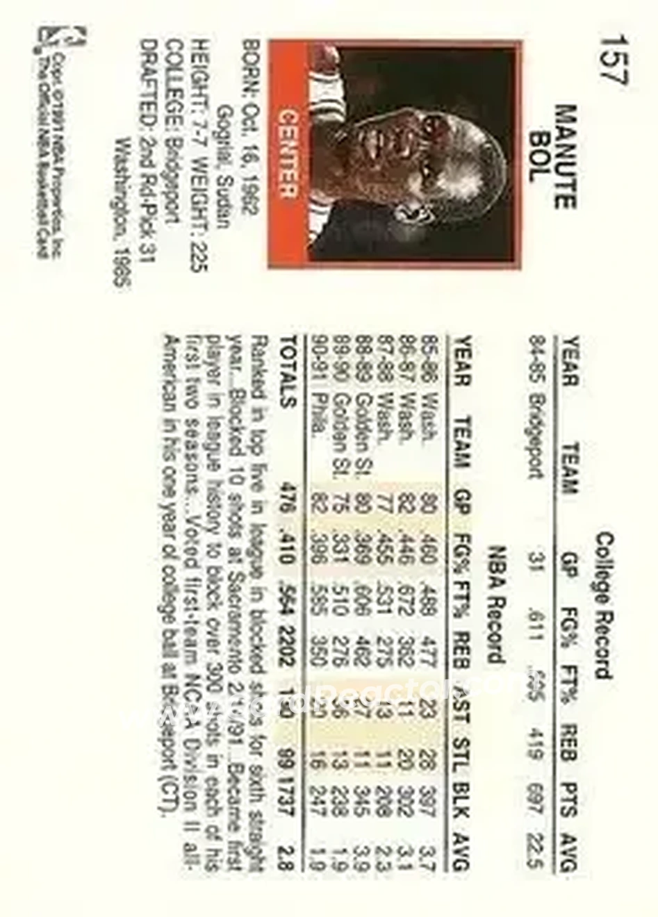 1991-92 Hoops #157 - Manute Bol - Philadelphia 76ers - Back