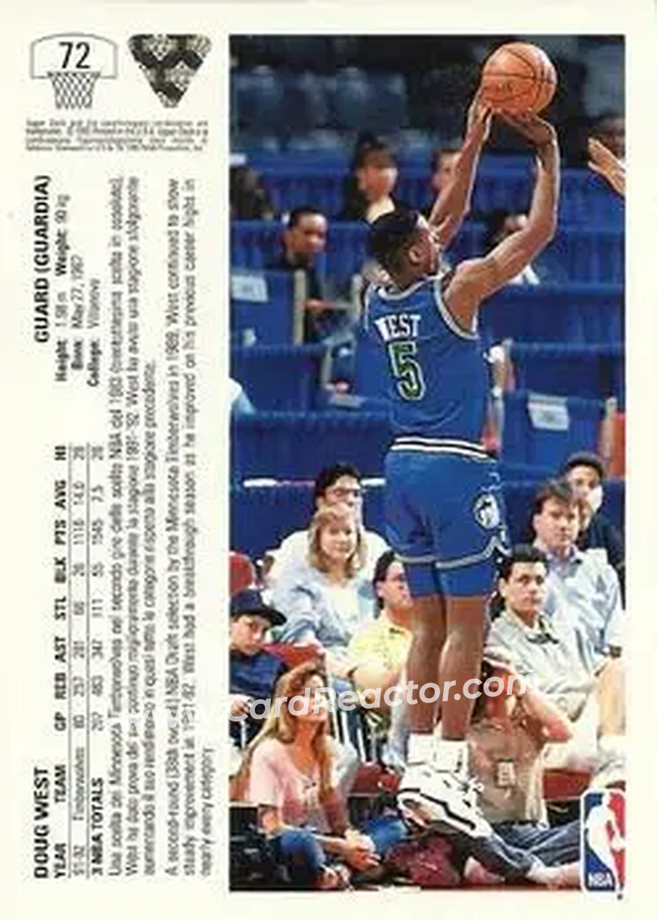 1991-92 Upper Deck Italian #72 - Doug West - Minnesota Timberwolves - Back 1991-92 Upper Deck Italian #72 - Doug West - Minnesota Timberwolves - Back