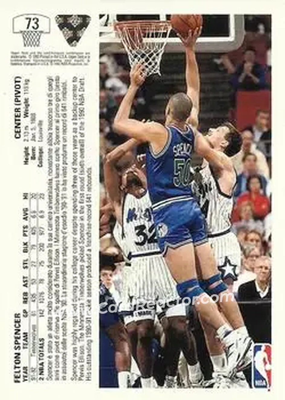 1991-92 Upper Deck Italian #73 - Felton Spencer - Minnesota Timberwolves - Back 1991-92 Upper Deck Italian #73 - Felton Spencer - Minnesota Timberwolves - Back
