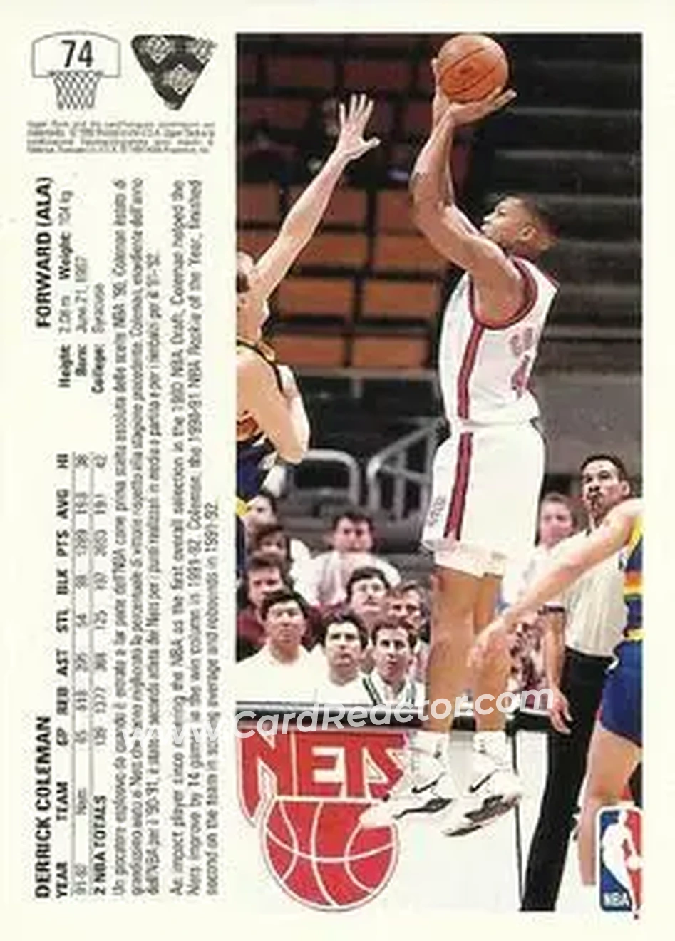 1991-92 Upper Deck Italian #74 - Derrick Coleman - New Jersey Nets - Back