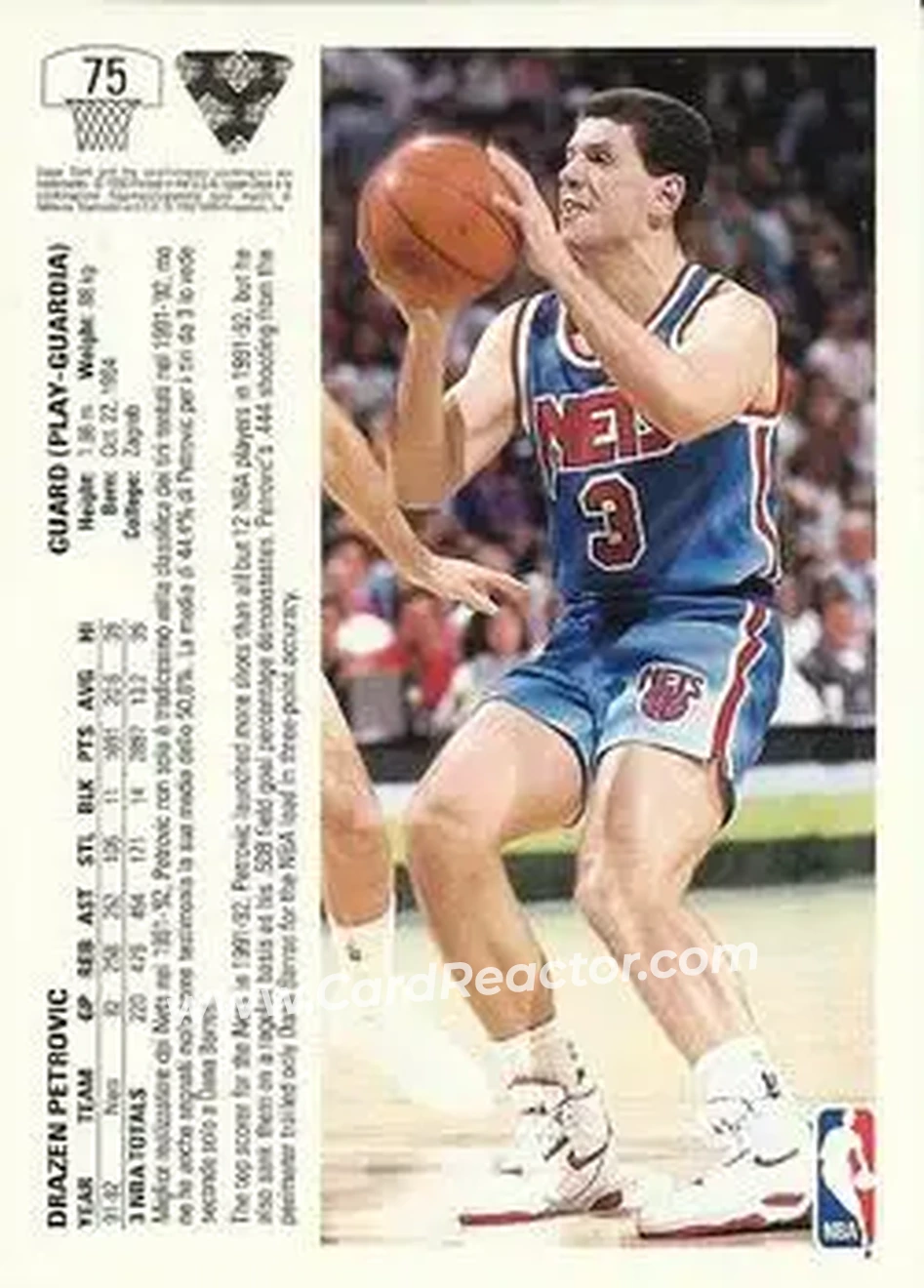 1991-92 Upper Deck Italian #75 - Dražen Petrović - New Jersey Nets - Back
