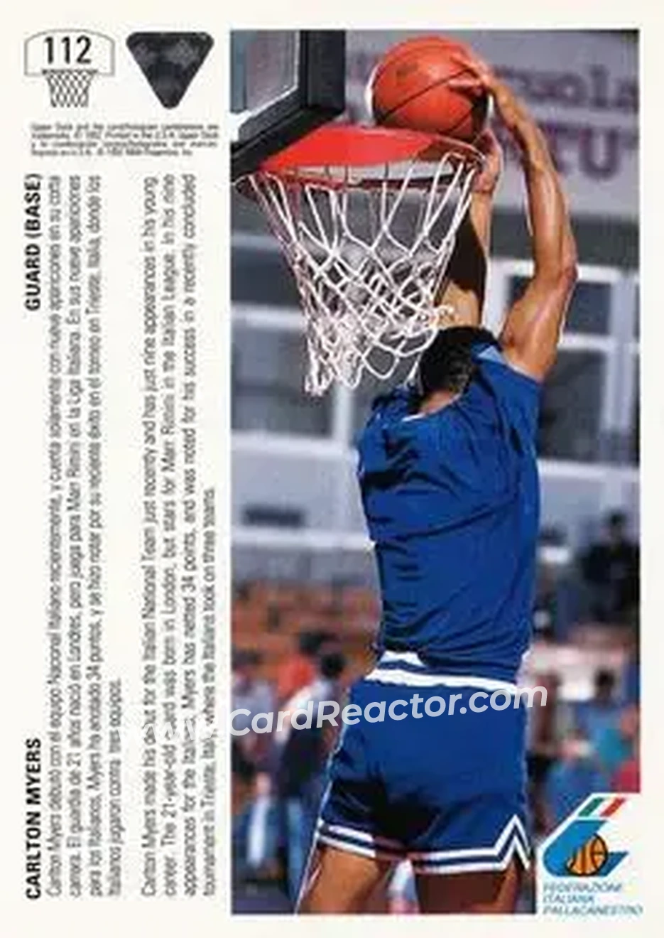 1991-92 Upper Deck Spanish #112 - Carlton Myers - Italy - Back