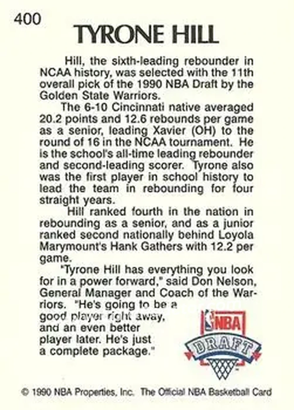 1990-91 Hoops #400 - Tyrone Hill - Golden State Warriors - Back