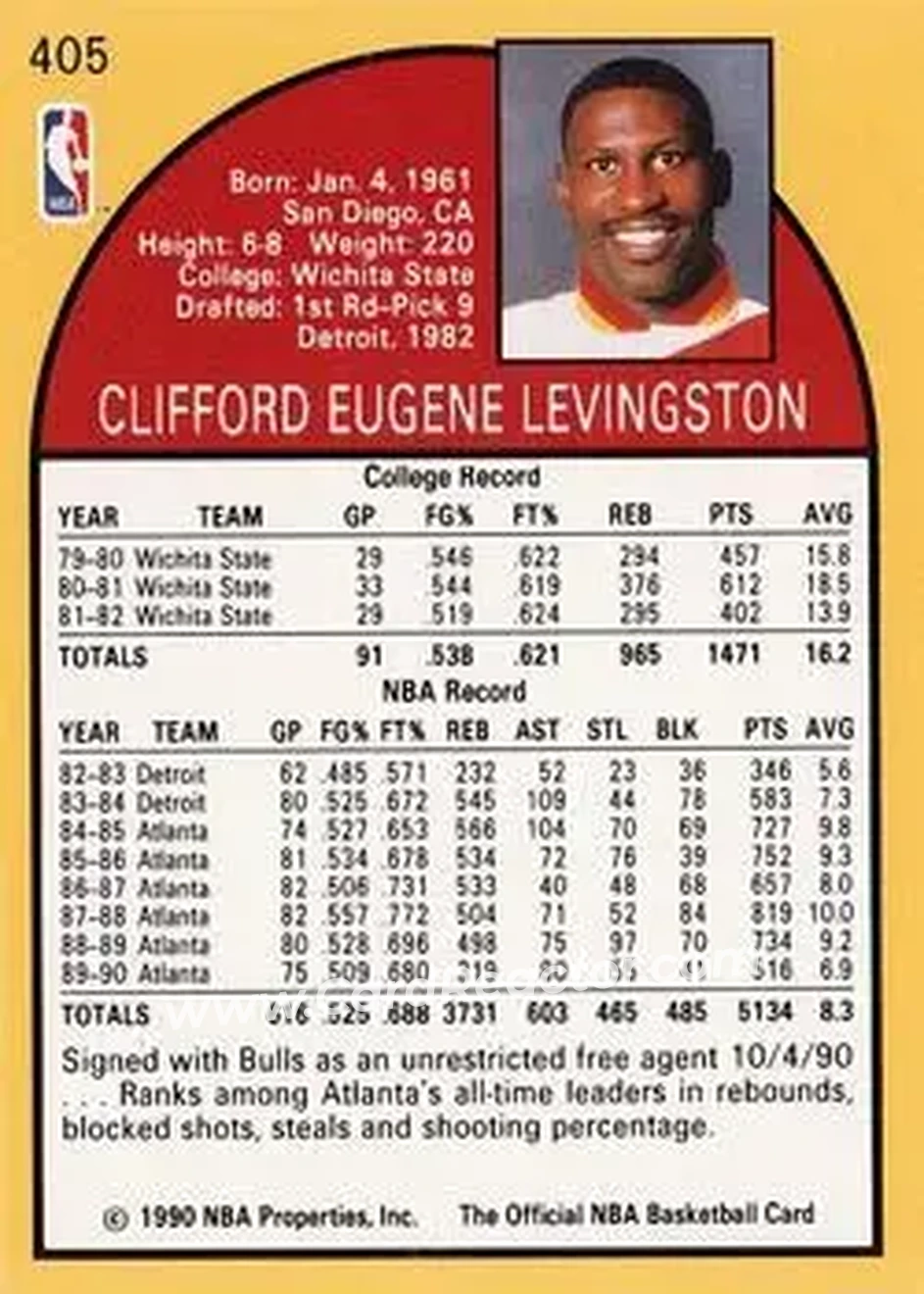 1990-91 Hoops #405 - Cliff Levingston - Chicago Bulls - Back