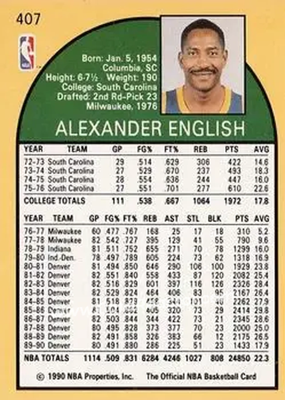 1990-91 Hoops #407 - Alex English - Dallas Mavericks - Back