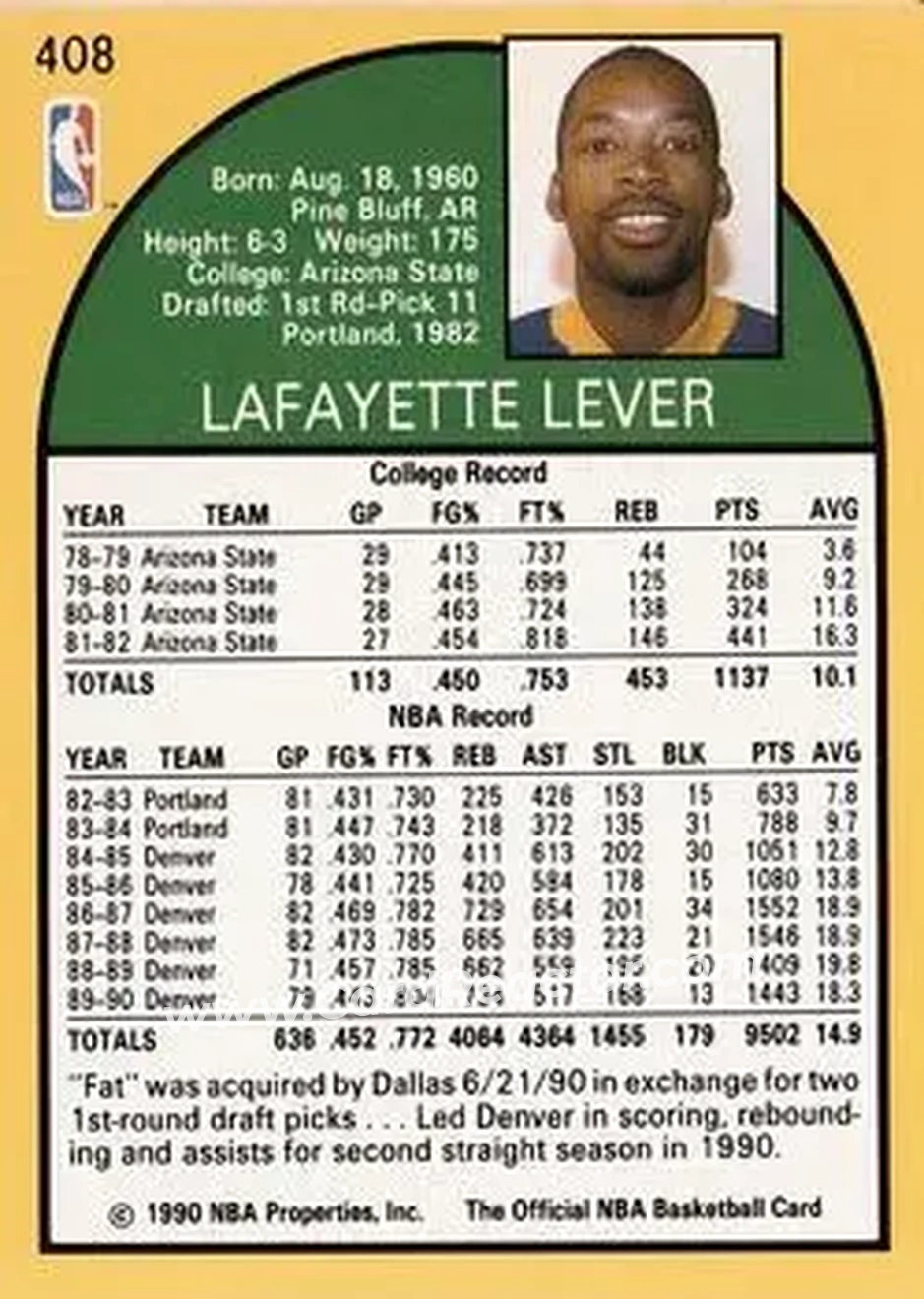 1990-91 Hoops #408 - Fat Lever - Dallas Mavericks - Back