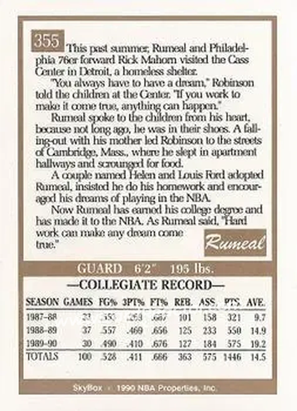 1990-91 SkyBox #355 - Rumeal Robinson - Atlanta Hawks - Back