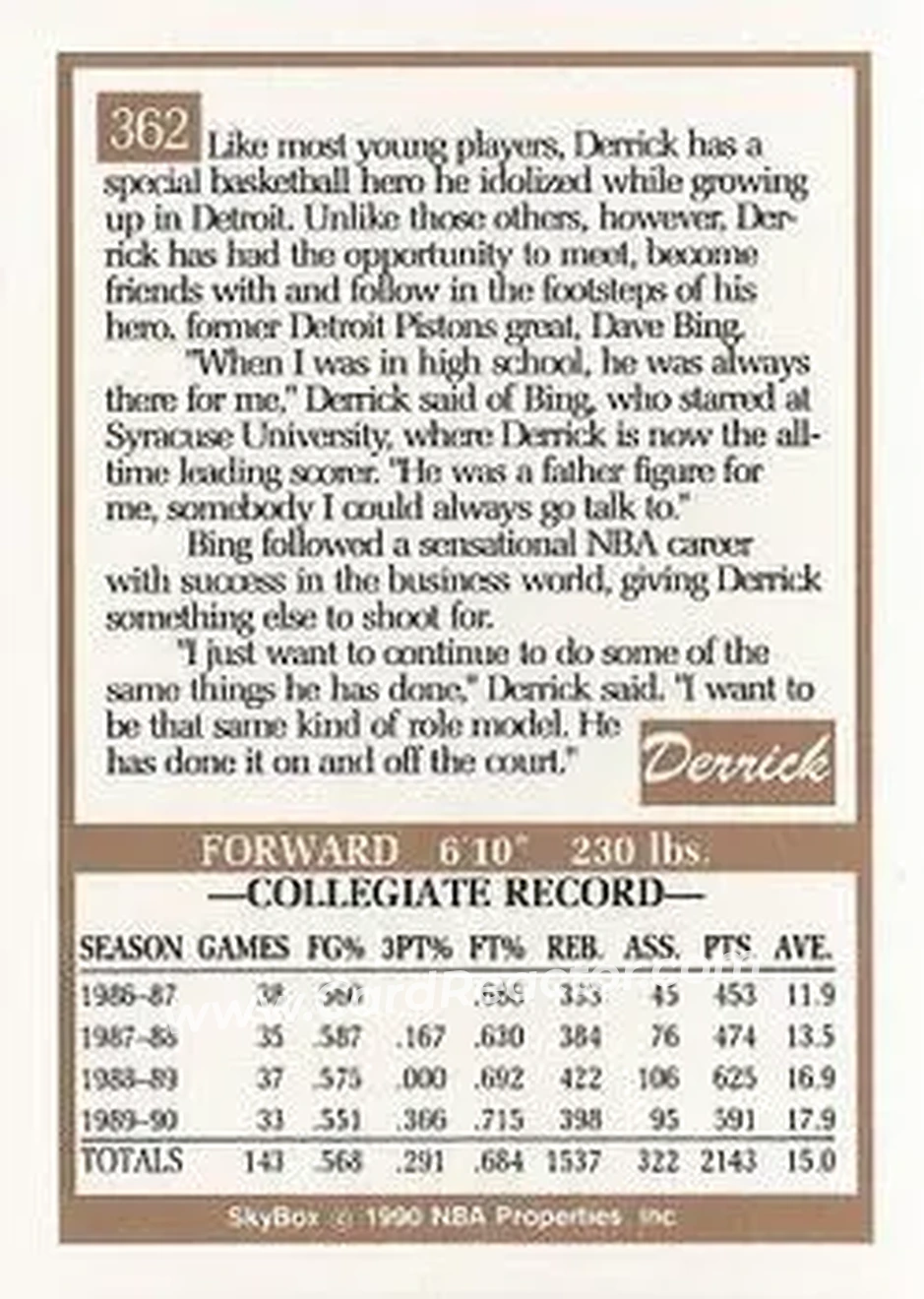 1990-91 SkyBox #362 - Derrick Coleman - New Jersey Nets - Back