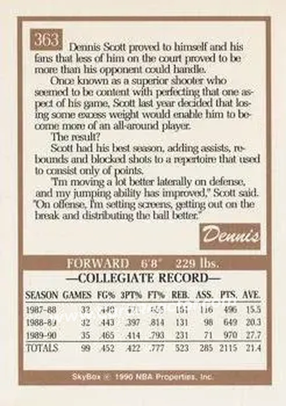 1990-91 SkyBox #363 - Dennis Scott - Orlando Magic - Back