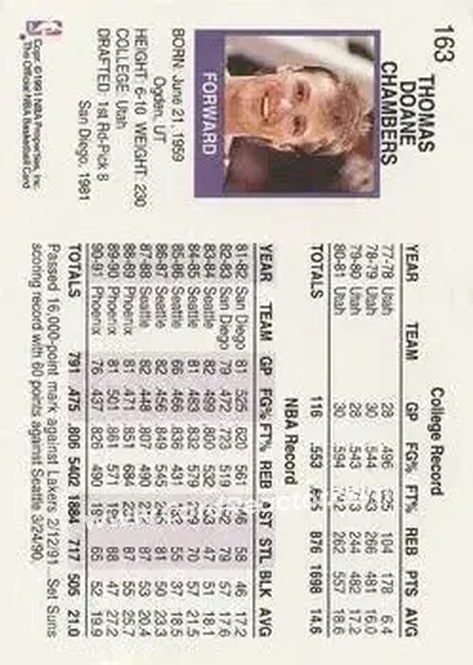 1991-92 Hoops #163 - Tom Chambers - Phoenix Suns - Back
