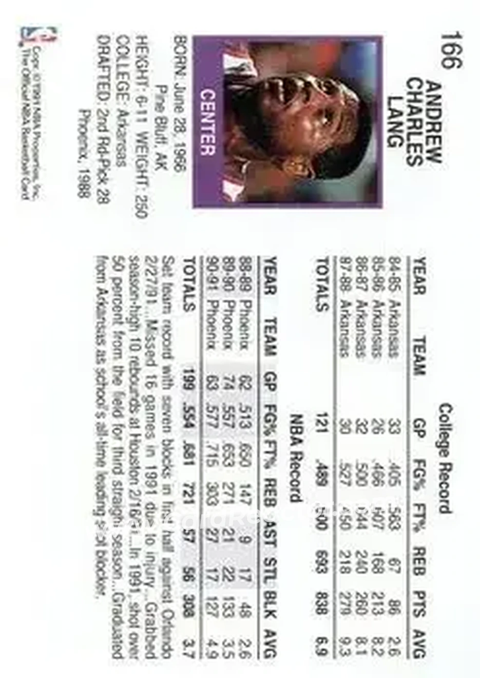 1991-92 Hoops #166 - Andrew Lang - Phoenix Suns - Back