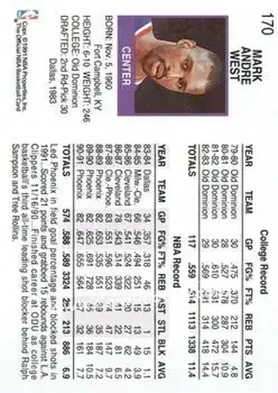 1991-92 Hoops #170 - Mark West - Phoenix Suns - Back