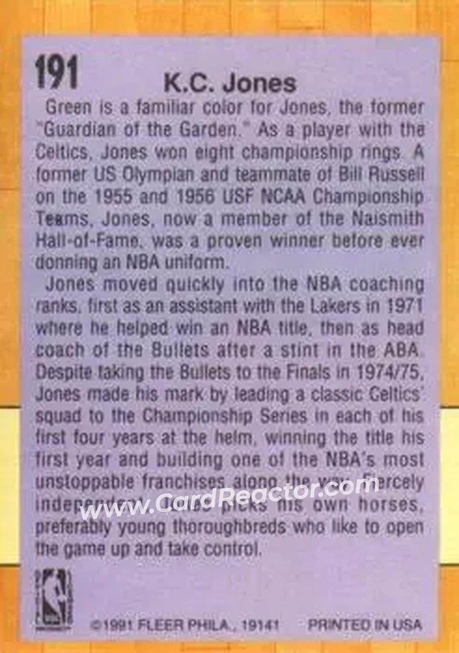 1991-92 Fleer #191 - K.C. Jones - Seattle SuperSonics - Back 1991-92 Fleer #191 - K.C. Jones - Seattle SuperSonics - Back