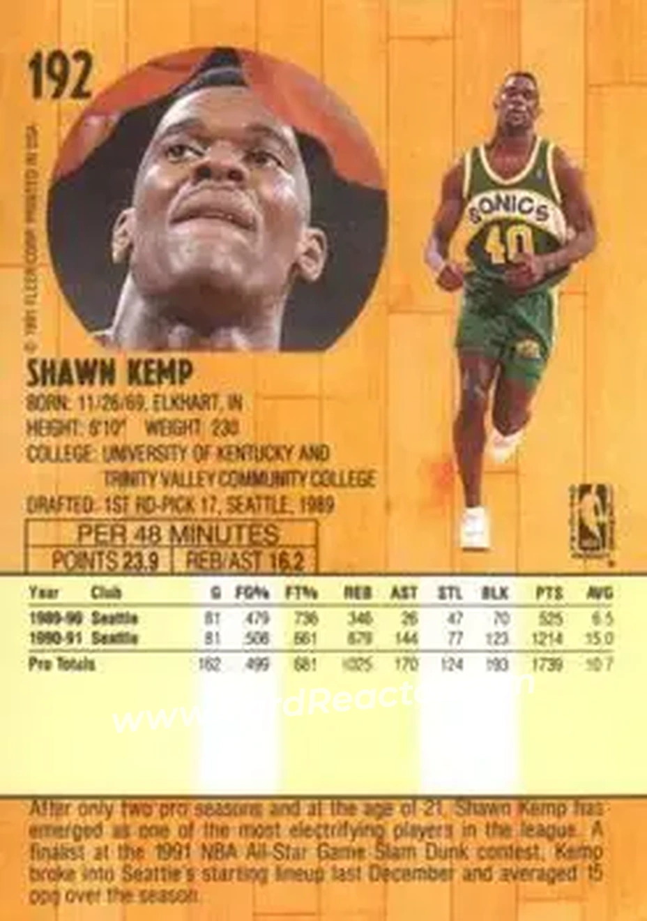 1991-92 Fleer #192 - Shawn Kemp - Seattle SuperSonics - Back