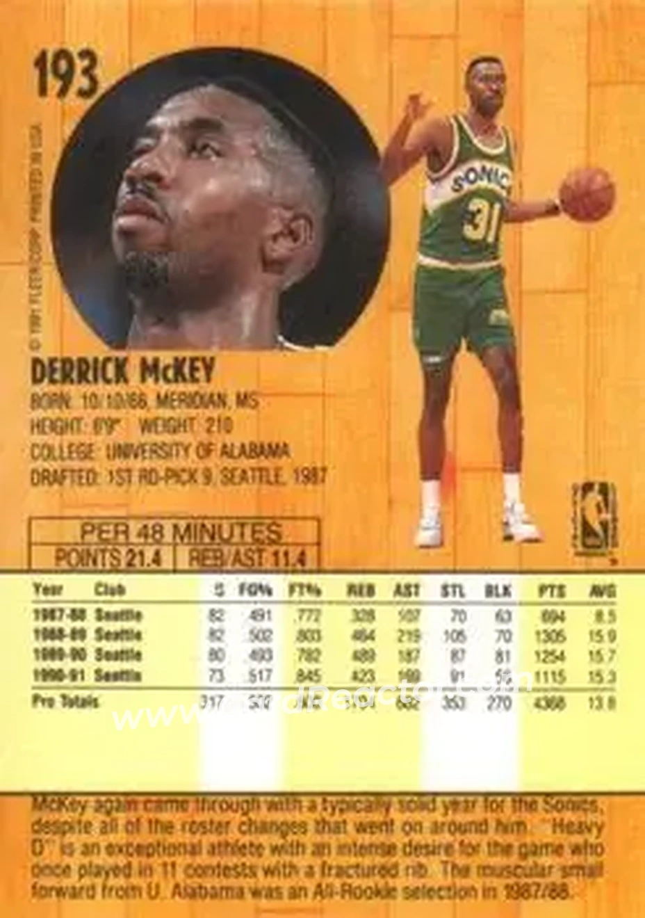 1991-92 Fleer #193 - Derrick McKey - Seattle SuperSonics - Back