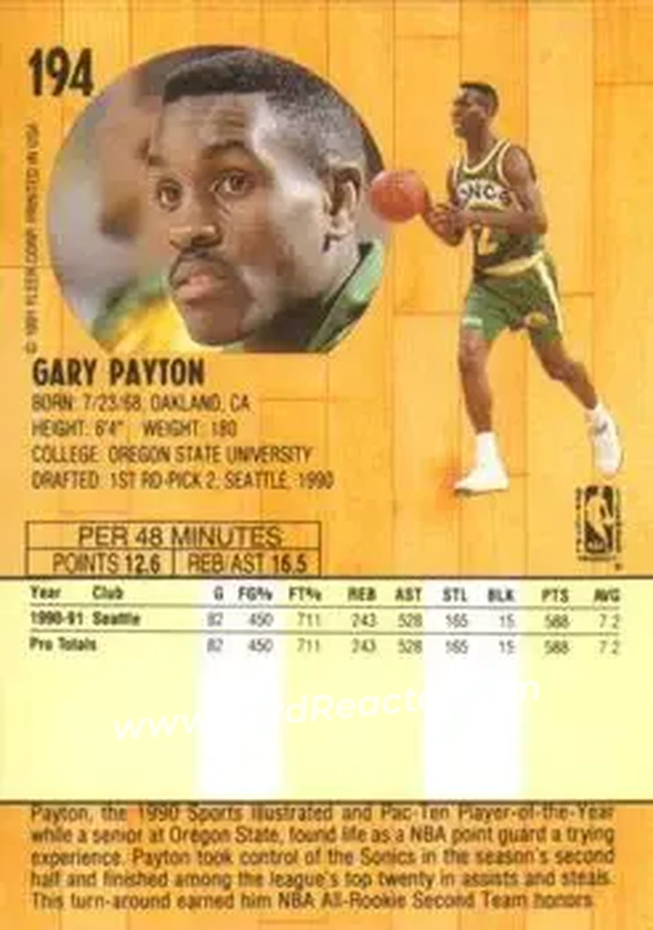 1991-92 Fleer #194 - Gary Payton - Seattle SuperSonics - Back