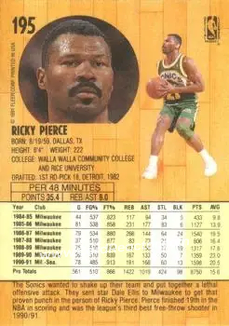1991-92 Fleer #195 - Ricky Pierce - Seattle SuperSonics - Back 1991-92 Fleer #195 - Ricky Pierce - Seattle SuperSonics - Back