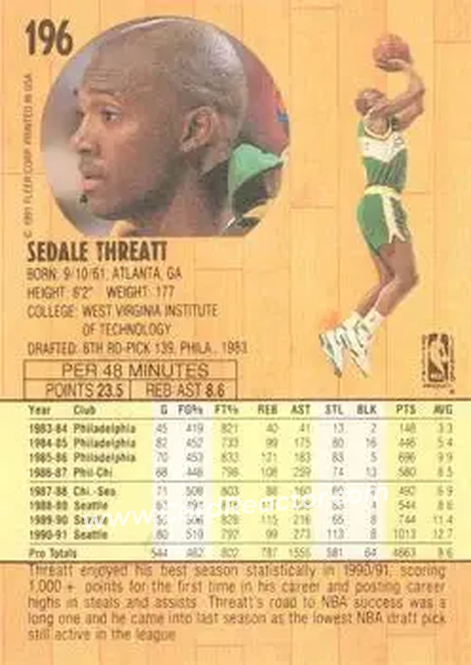 1991-92 Fleer #196 - Sedale Threatt - Seattle SuperSonics - Back 1991-92 Fleer #196 - Sedale Threatt - Seattle SuperSonics - Back