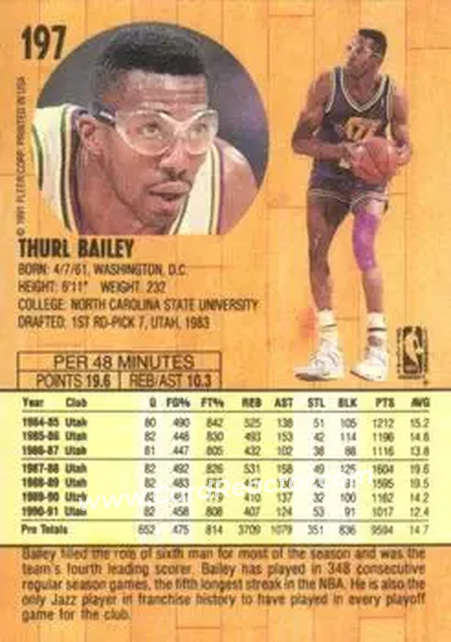 1991-92 Fleer #197 - Thurl Bailey - Utah Jazz - Back
