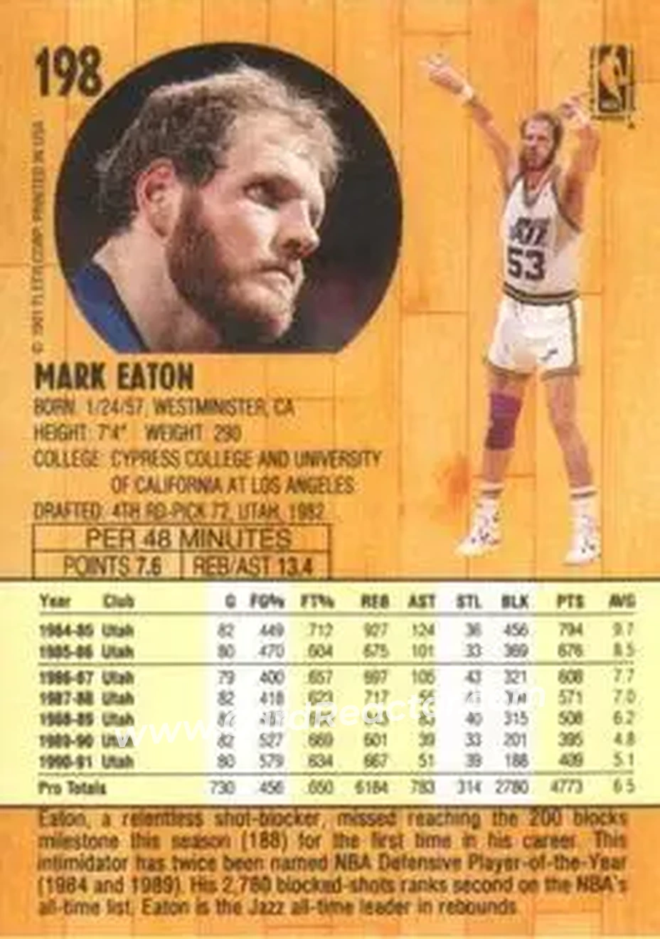 1991-92 Fleer #198 - Mark Eaton - Utah Jazz - Back