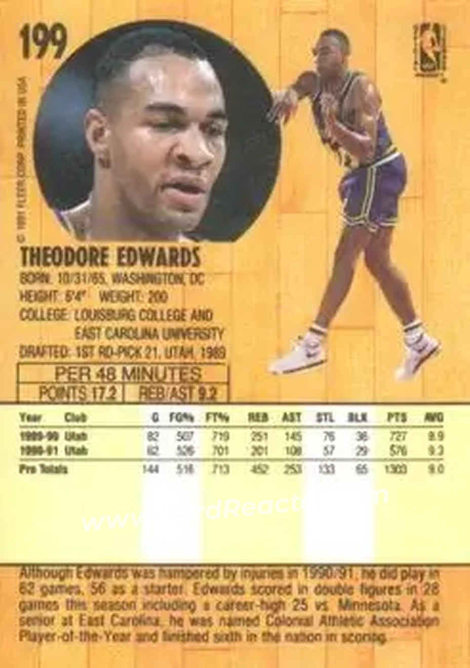 1991-92 Fleer #199 - Blue Edwards - Utah Jazz - Back