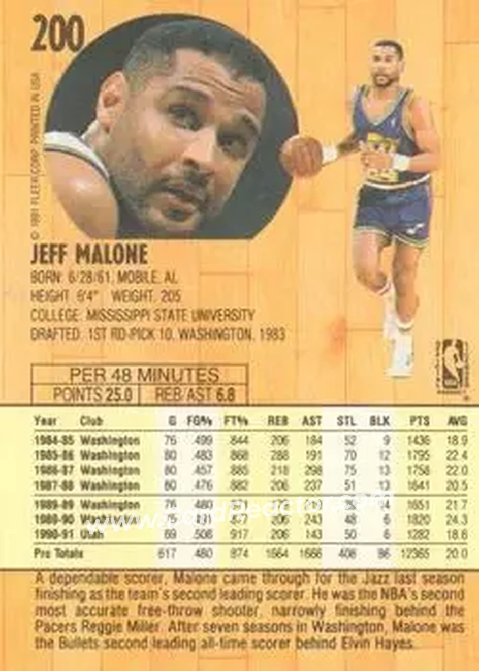 1991-92 Fleer #200 - Jeff Malone - Utah Jazz - Back