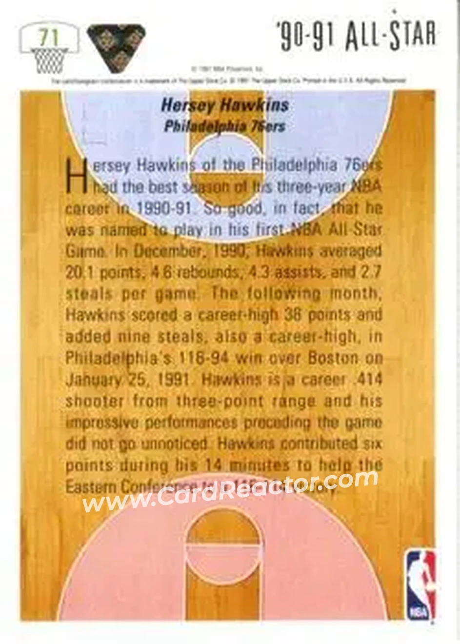 1991-92 Upper Deck #71 - Hersey Hawkins - Philadelphia 76ers - Back