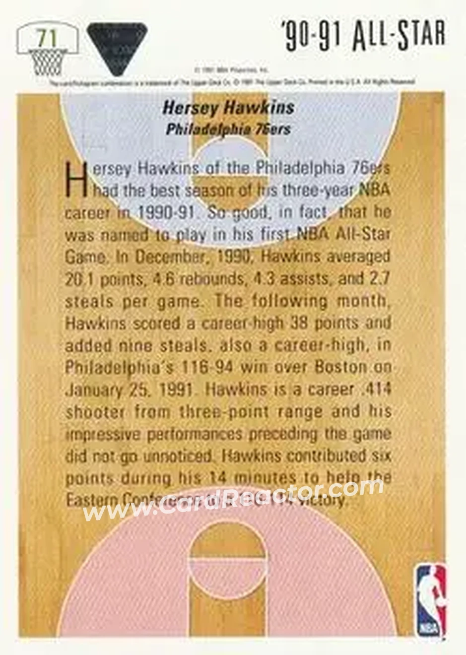 1991-92 Upper Deck #71 - Hersey Hawkins - Philadelphia 76ers - Back