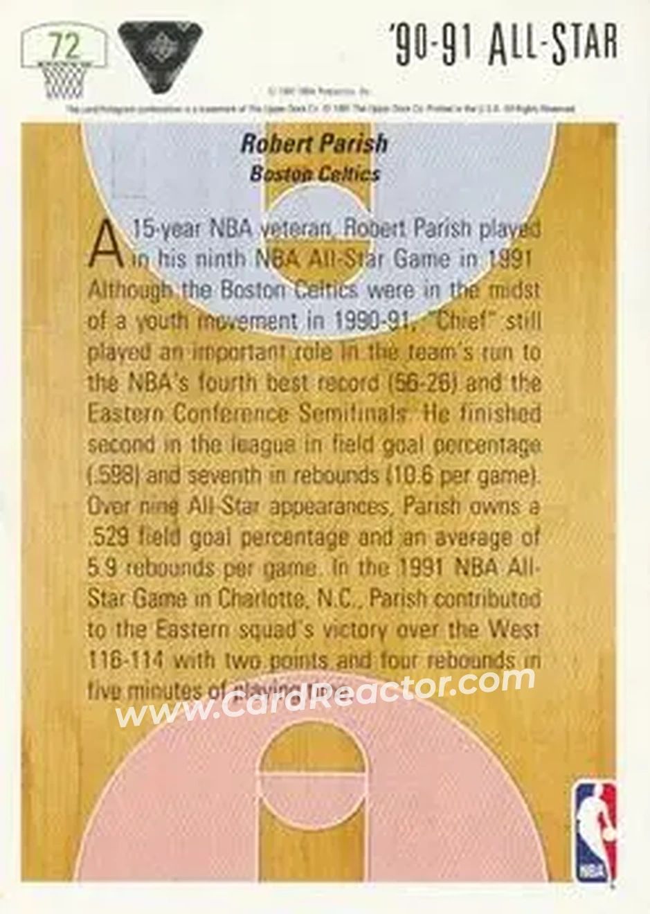 1991-92 Upper Deck #72 - Robert Parish - Boston Celtics - Back