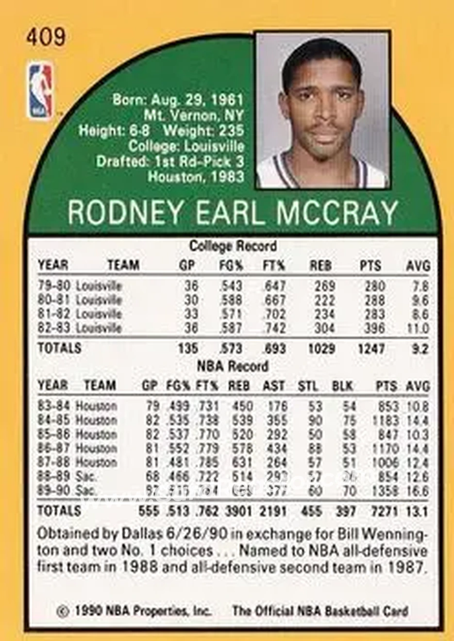1990-91 Hoops #409 - Rodney McCray - Dallas Mavericks - Back