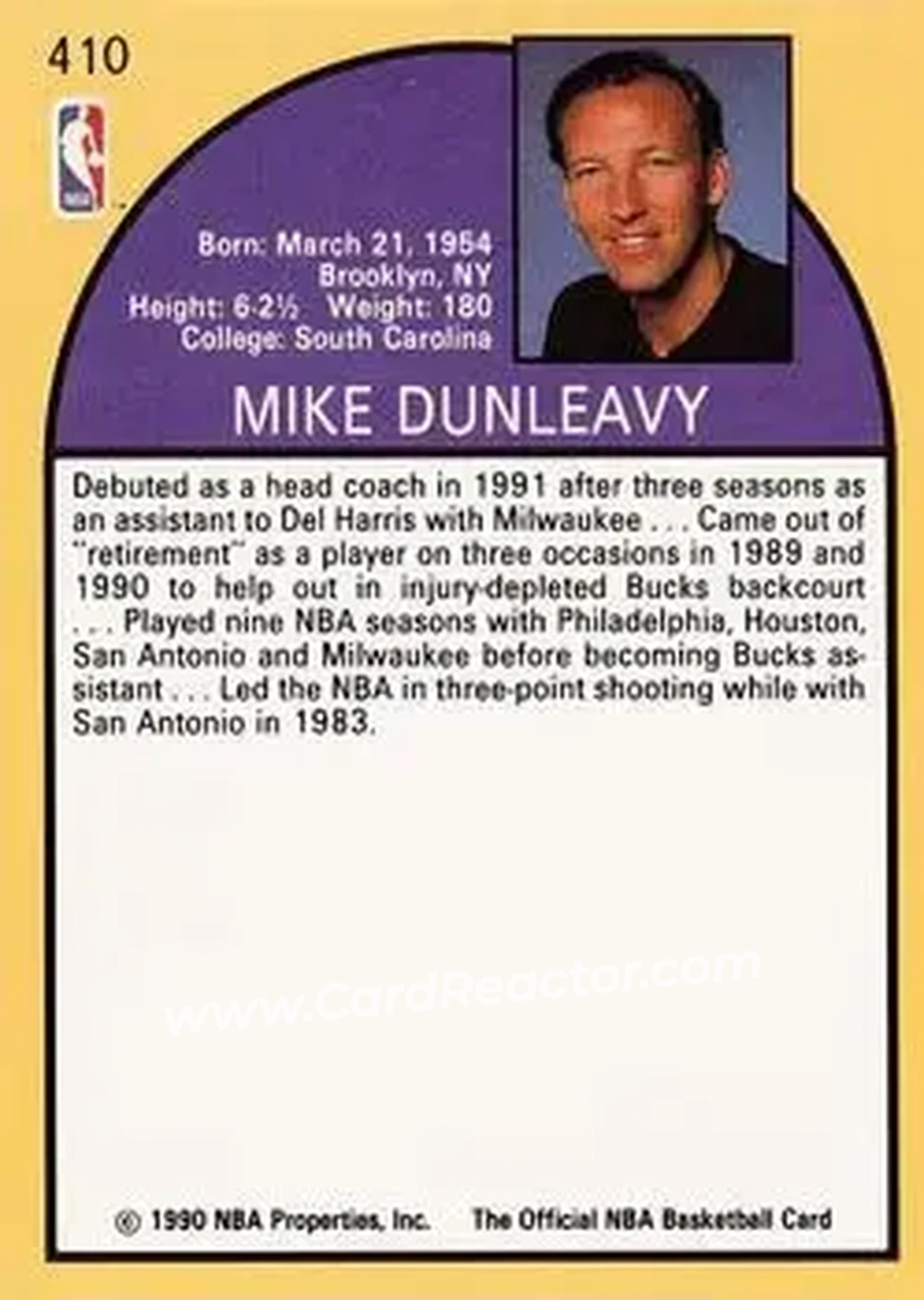 1990-91 Hoops #410 - Mike Dunleavy - Los Angeles Lakers - Back
