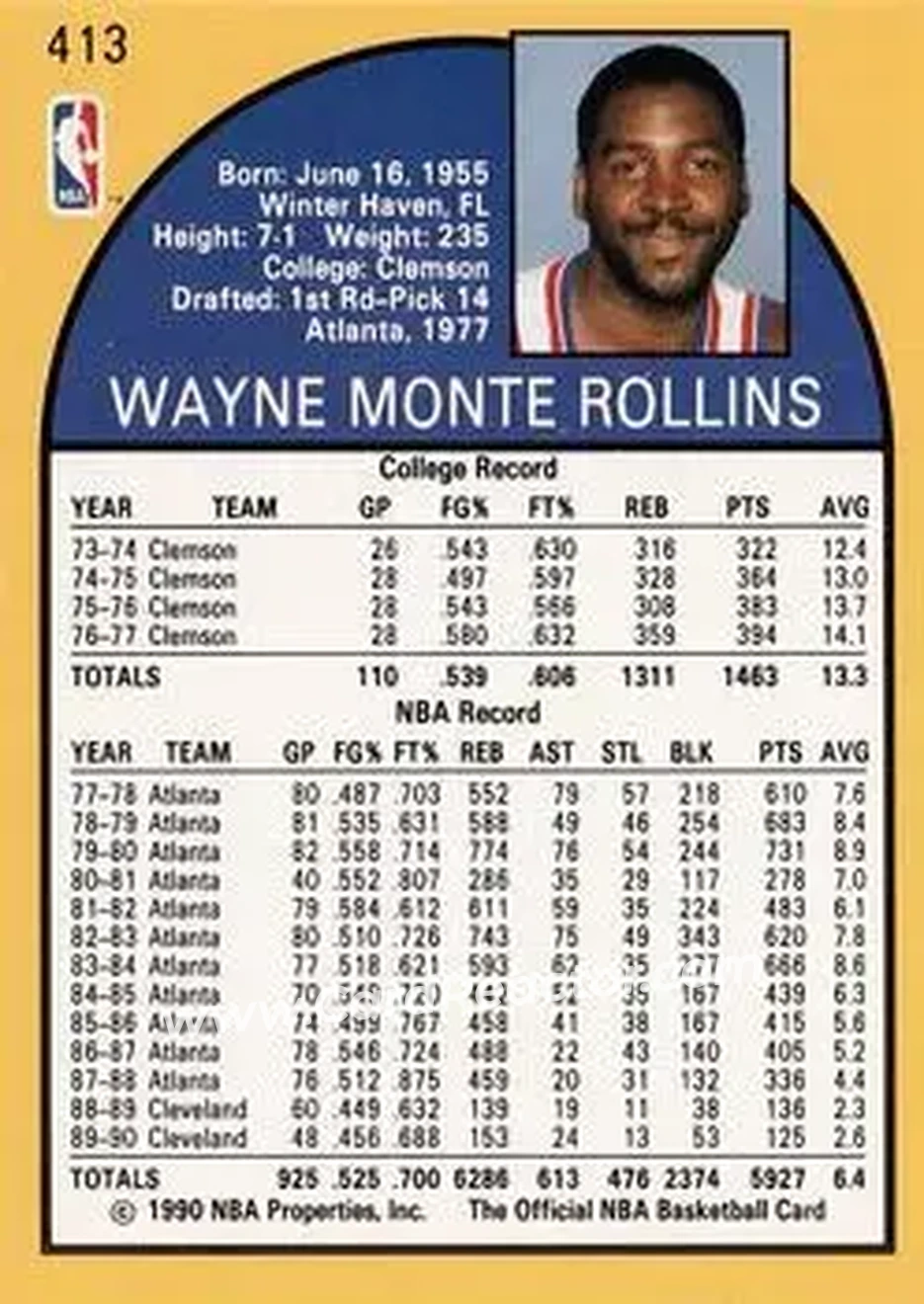 1990-91 Hoops #413 - Tree Rollins - Detroit Pistons - Back