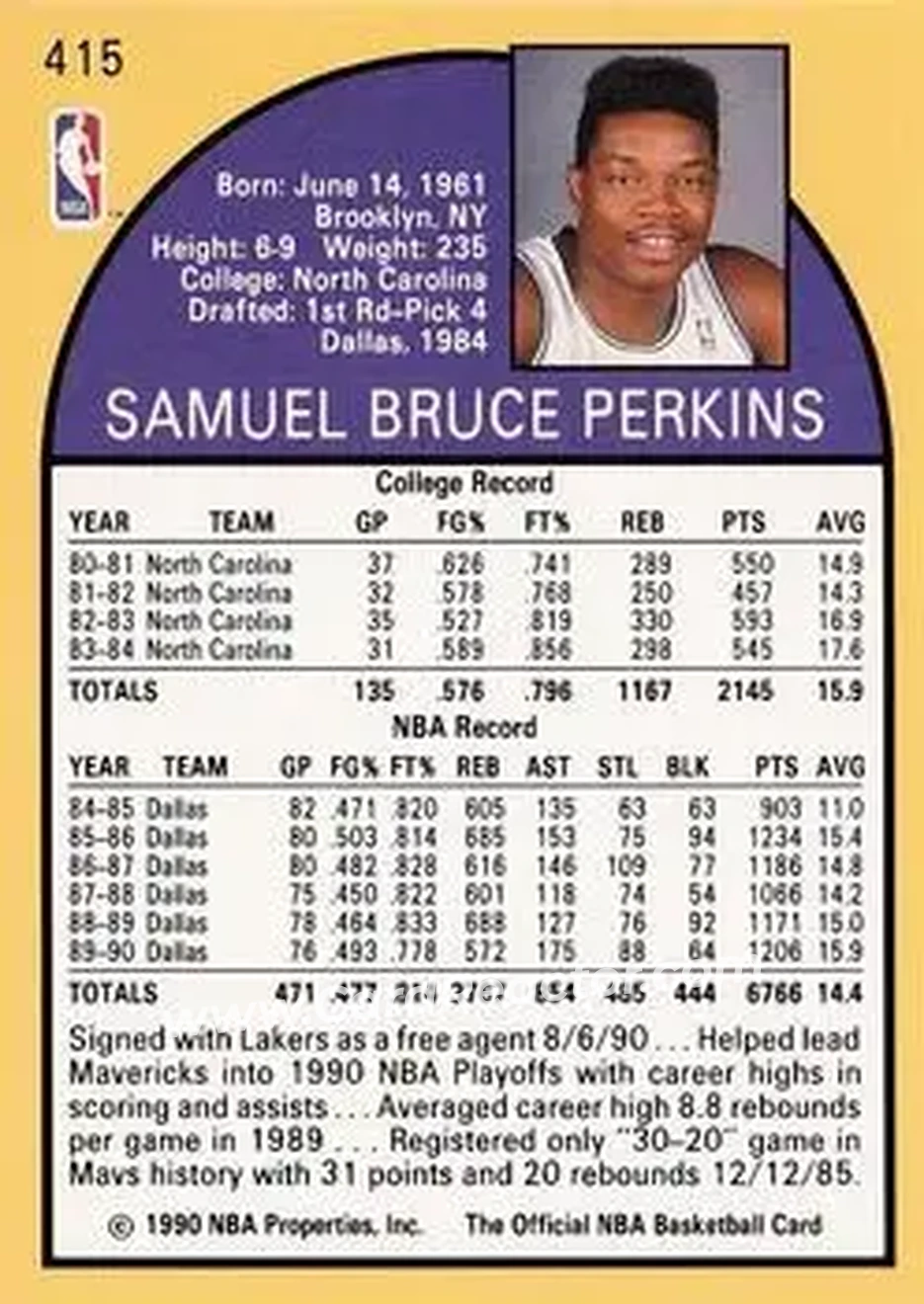 1990-91 Hoops #415 - Sam Perkins - Los Angeles Lakers - Back
