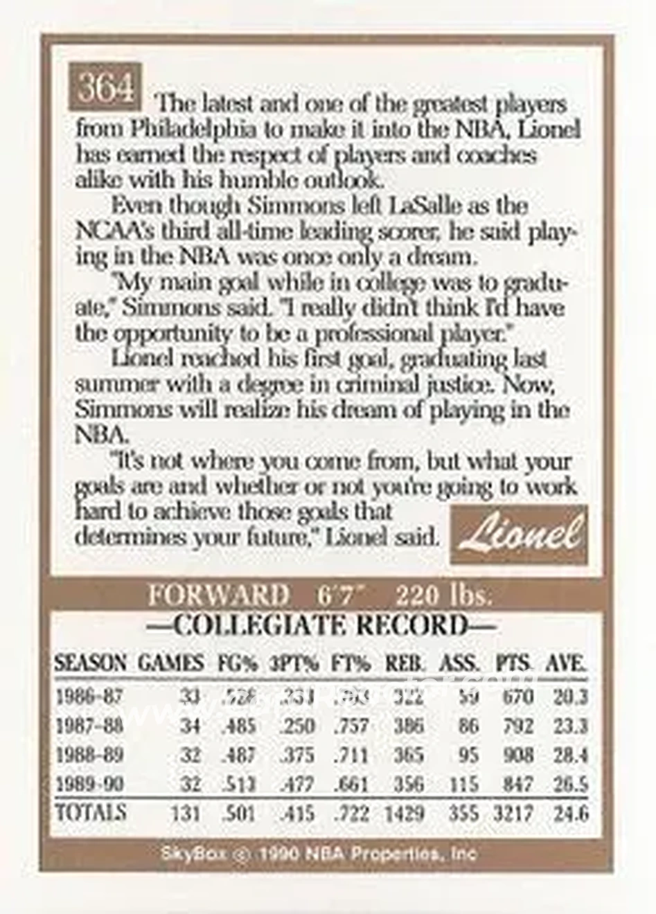 1990-91 SkyBox #364 - Lionel Simmons - Sacramento Kings - Back
