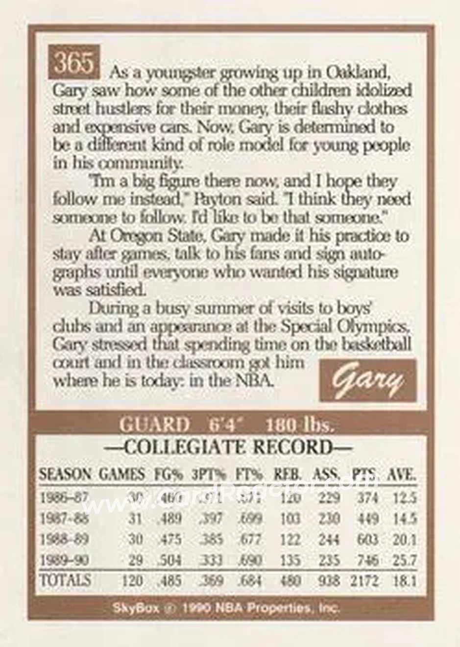 1990-91 SkyBox #365 - Gary Payton - Seattle SuperSonics - Back
