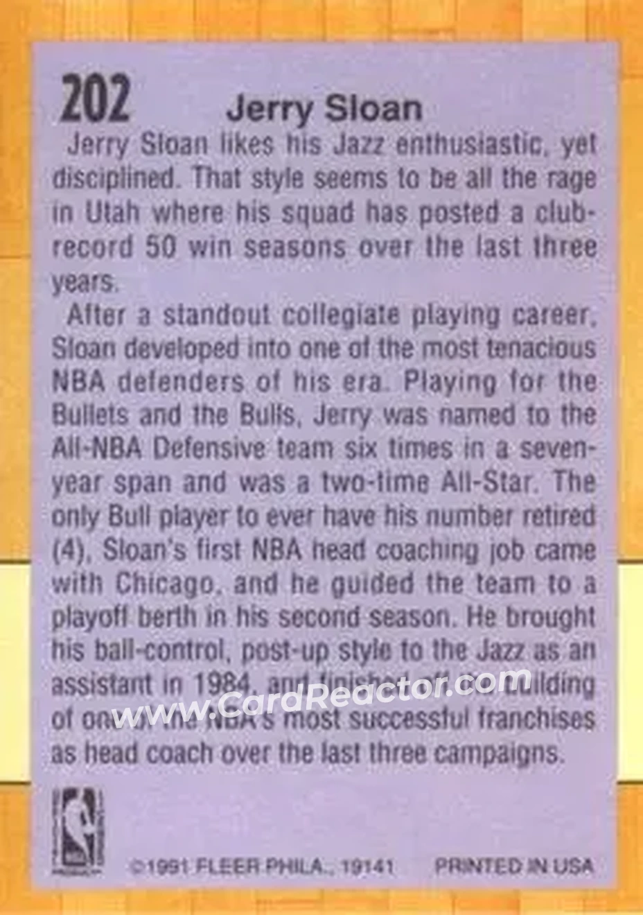 1991-92 Fleer #202 - Jerry Sloan - Utah Jazz - Back