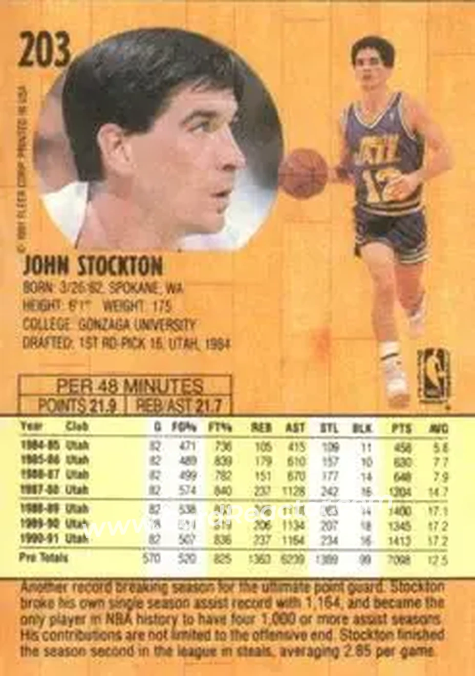 1991-92 Fleer #203 - John Stockton - Utah Jazz - Back