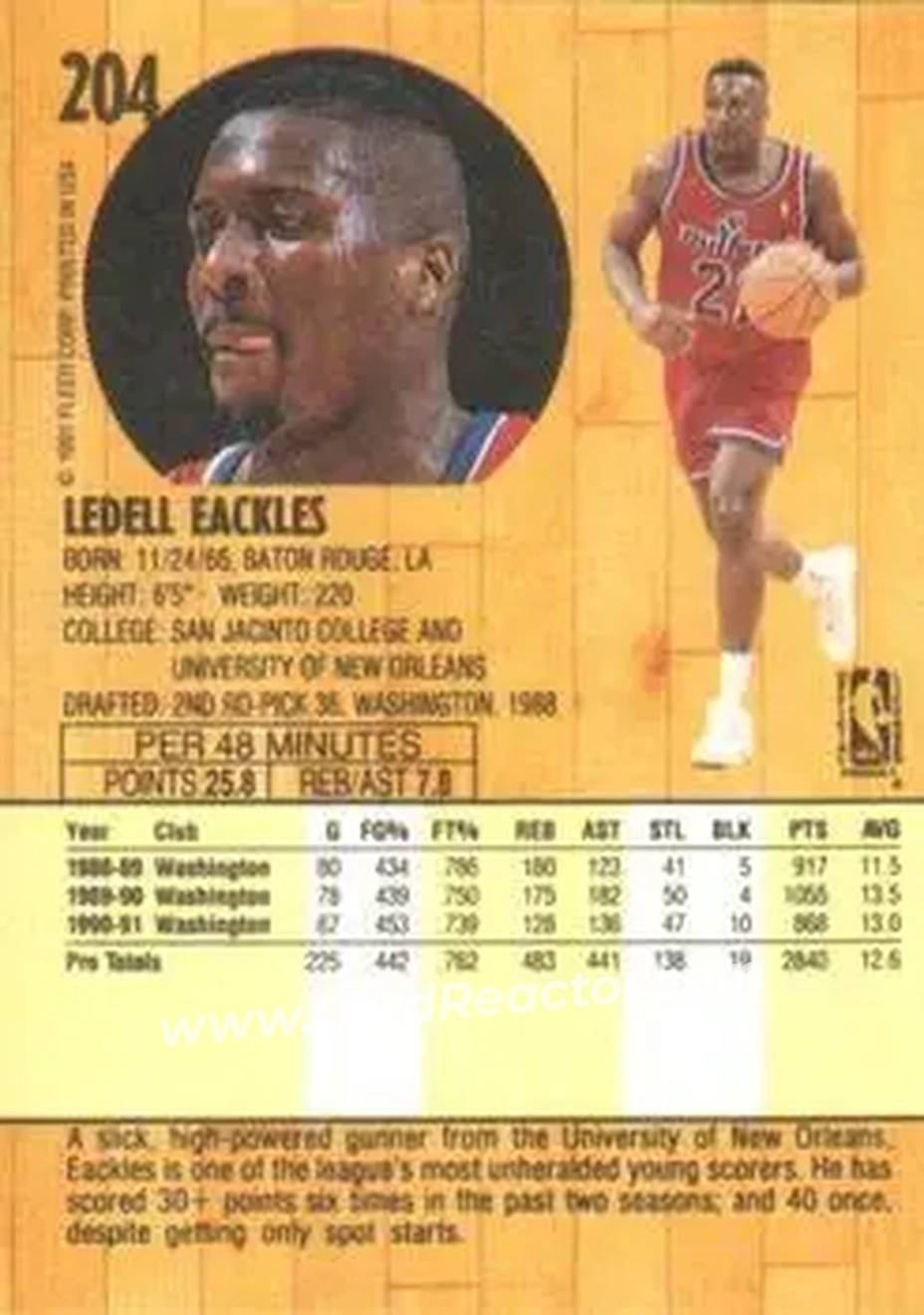 1991-92 Fleer #204 - Ledell Eackles - Washington Bullets - Back