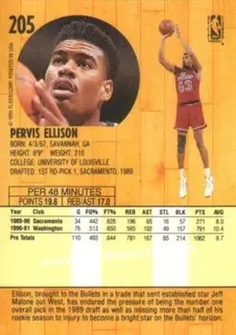 1991-92 Fleer #205 - Pervis Ellison - Washington Bullets - Back