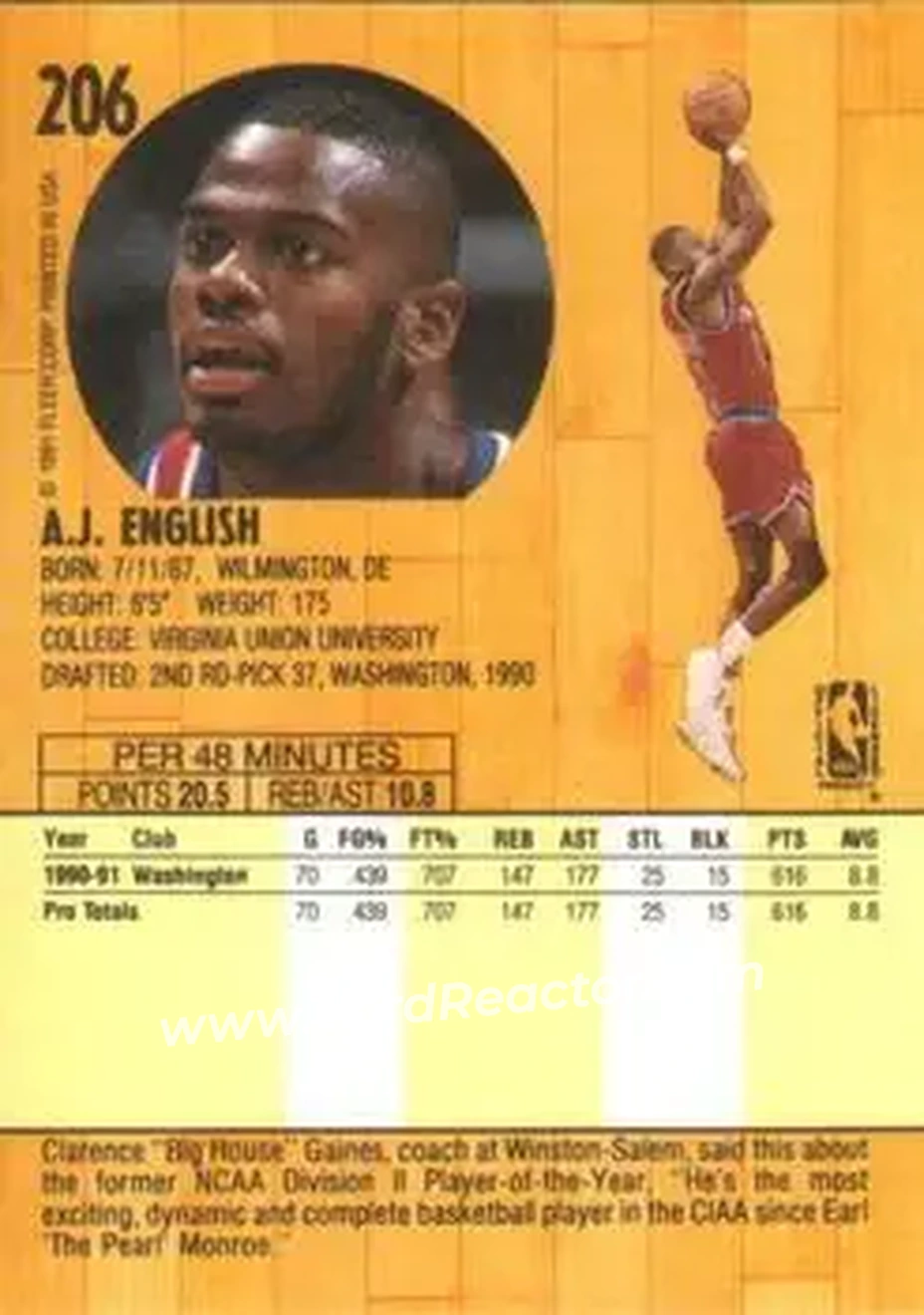 1991-92 Fleer #206 - A.J. English - Washington Bullets - Back 1991-92 Fleer #206 - A.J. English - Washington Bullets - Back