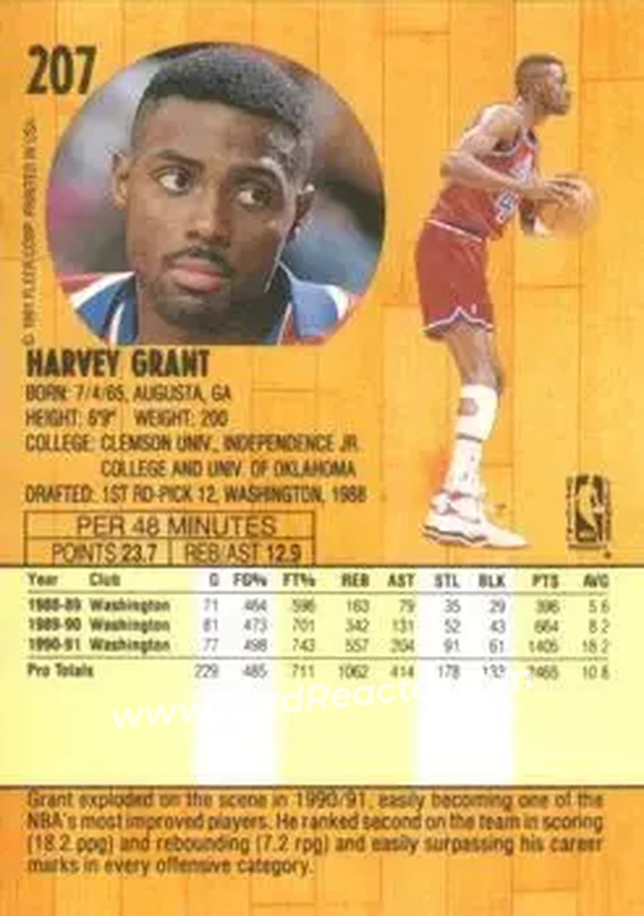 1991-92 Fleer #207 - Harvey Grant - Washington Bullets - Back 1991-92 Fleer #207 - Harvey Grant - Washington Bullets - Back